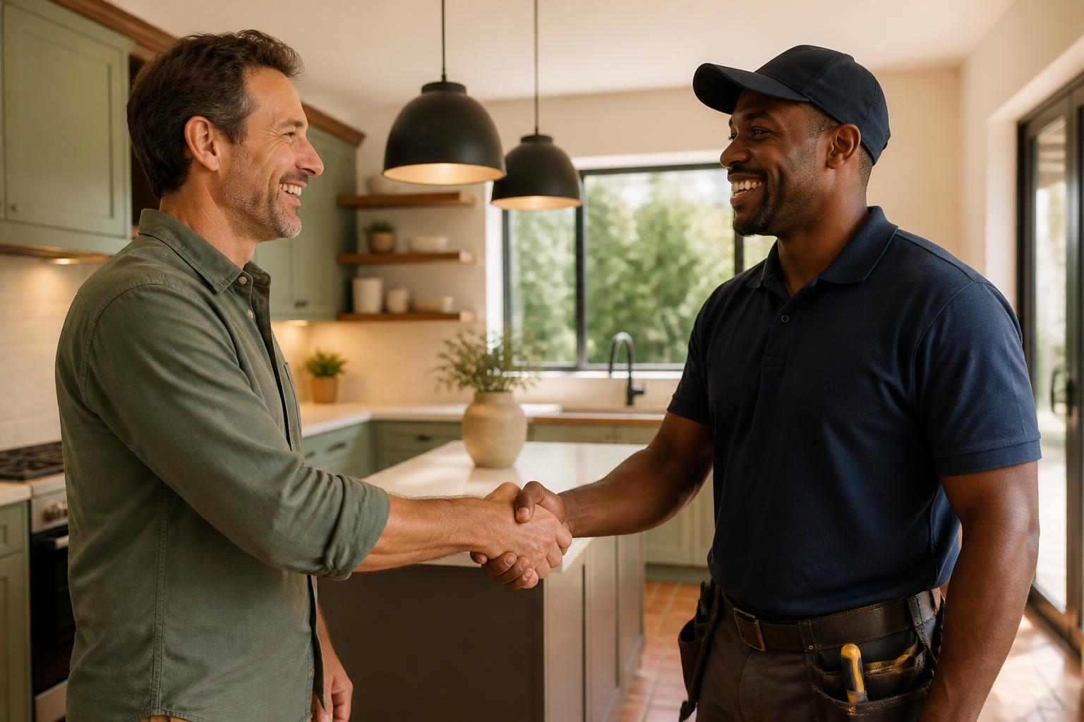 Happy Cape Town homeowner shaking hands with a local tradesman in a freshly finished kitchen