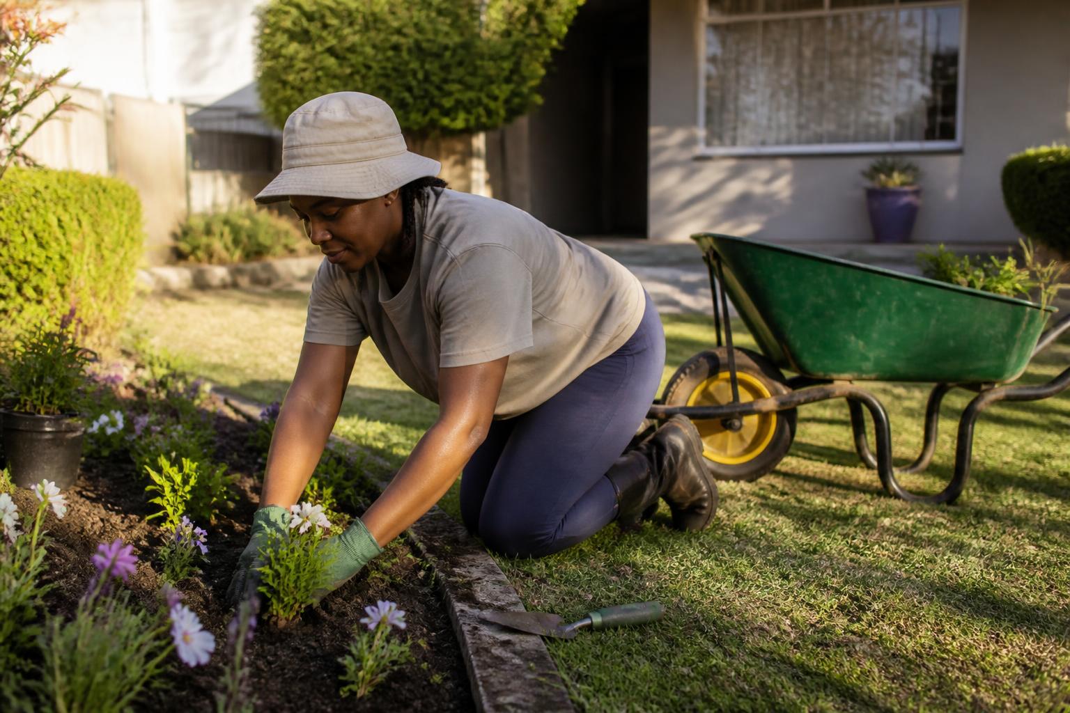 Cheerful local gardener tending a lush flower garden at a Cape Town home